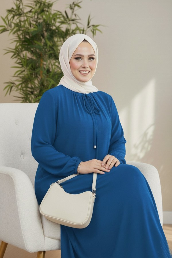 Nehir Yakası Büzgü Bağcıklı Ayrobin Elbise - İndigo