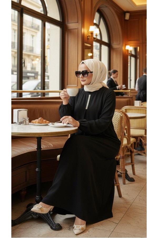 Mahperi Taşlı Ağ Pileli Ayrobin Elbise -Siyah