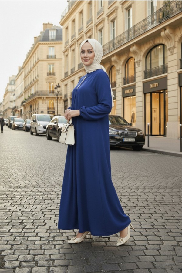 Mahperi Taşlı Ağ Pileli Ayrobin Elbise -İndigo