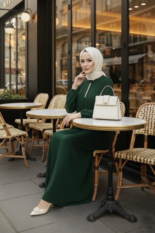 Mahperi Taşlı Ağ Pileli Ayrobin Elbise -Zümrüt