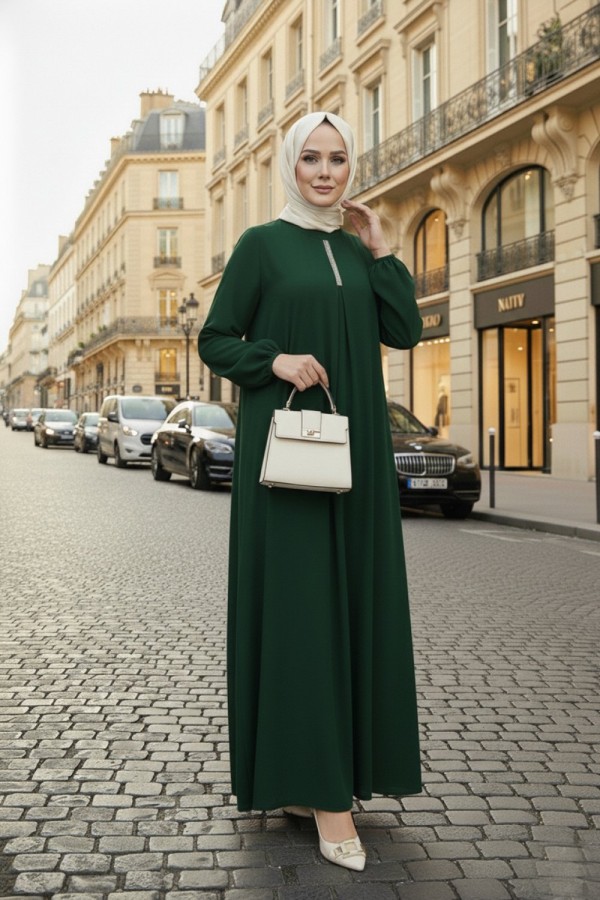 Mahperi Taşlı Ağ Pileli Ayrobin Elbise -Zümrüt