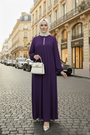 Mahperi Taşlı Ağ Pileli Ayrobin Elbise -Mürdüm