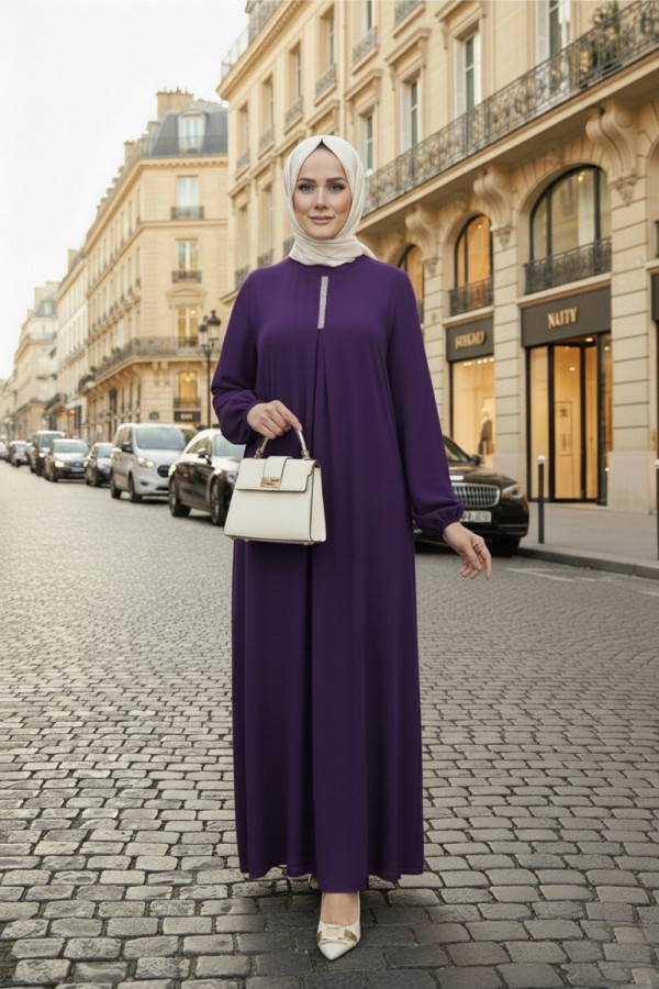 Mahperi Taşlı Ağ Pileli Ayrobin Elbise -Mürdüm