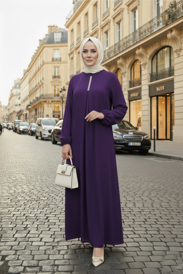 Mahperi Taşlı Ağ Pileli Ayrobin Elbise -Mürdüm