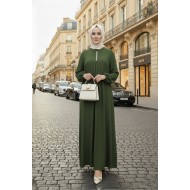 Mahperi Taşlı Ağ Pileli Ayrobin Elbise -Haki