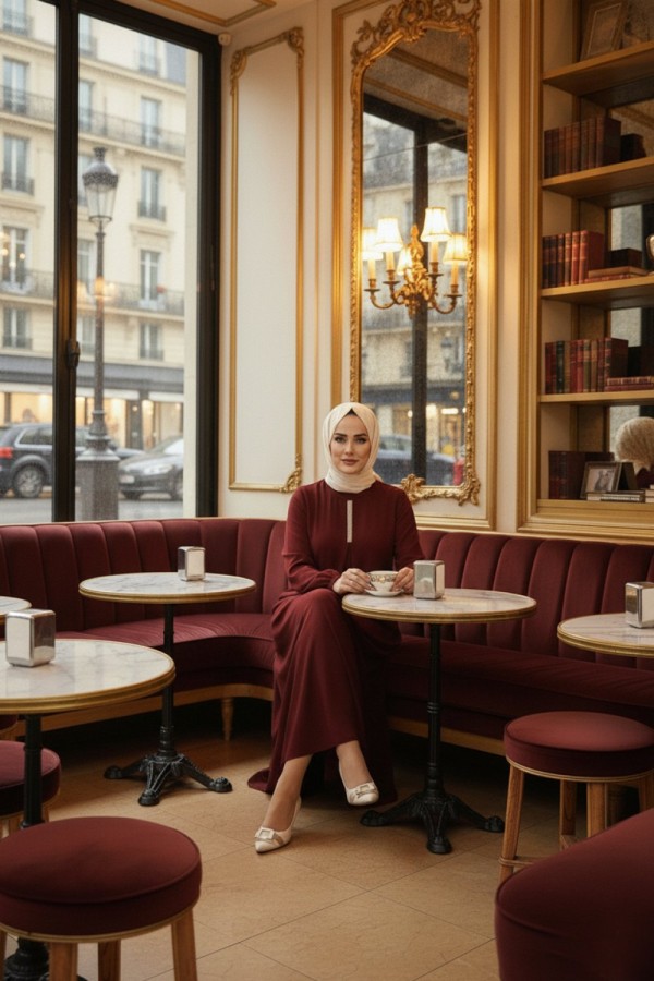 Mahperi Taşlı Ağ Pileli Ayrobin Elbise -Bordo