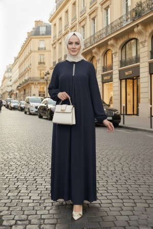 Mahperi Taşlı Ağ Pileli Ayrobin Elbise -Lacivert