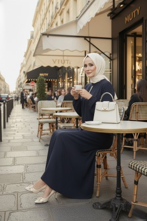 Mahperi Taşlı Ağ Pileli Ayrobin Elbise -Lacivert