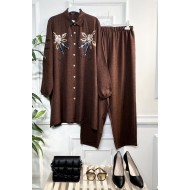 Işıltı Pul Payetli Keten İkili Takım - Kahverengi