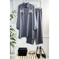 Işıltı Pul Payetli Keten İkili Takım - Gri