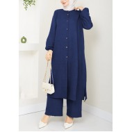 Mira Düğmeli Uzun Sofya Keten Takım -Lacivert