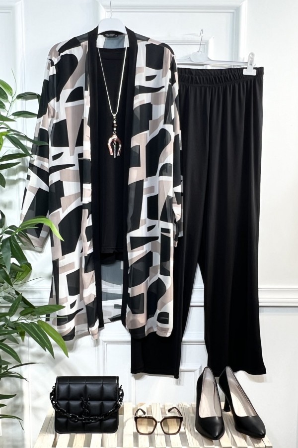 Zarafet Şifon Sandy Üçlü Takım-Kolye Hediyeli-Siyah Geometrik Zarafet Şifon Sandy Üçlü Takım-Kolye Hediyeli-Siyah Geometrik