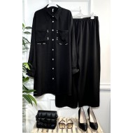 Hüma İncili Cepli Keten İkili Takım - Siyah