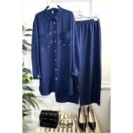 Hüma İncili Cepli Keten İkili Takım - İndigo