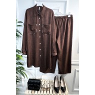 Hüma İncili Cepli Keten İkili Takım - Kahverengi