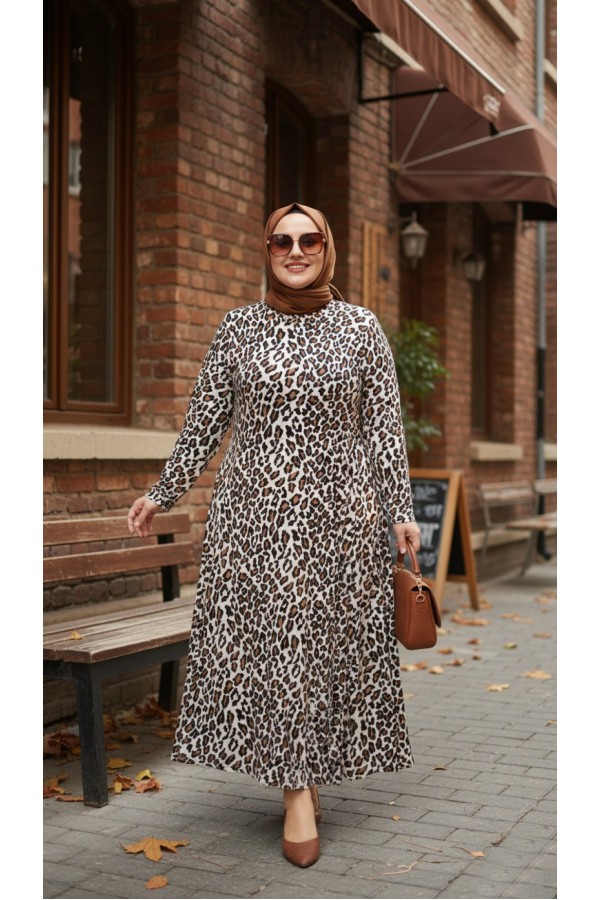 Adel Full Esnek Likralı Leopar Desenli Elbise-Leopar