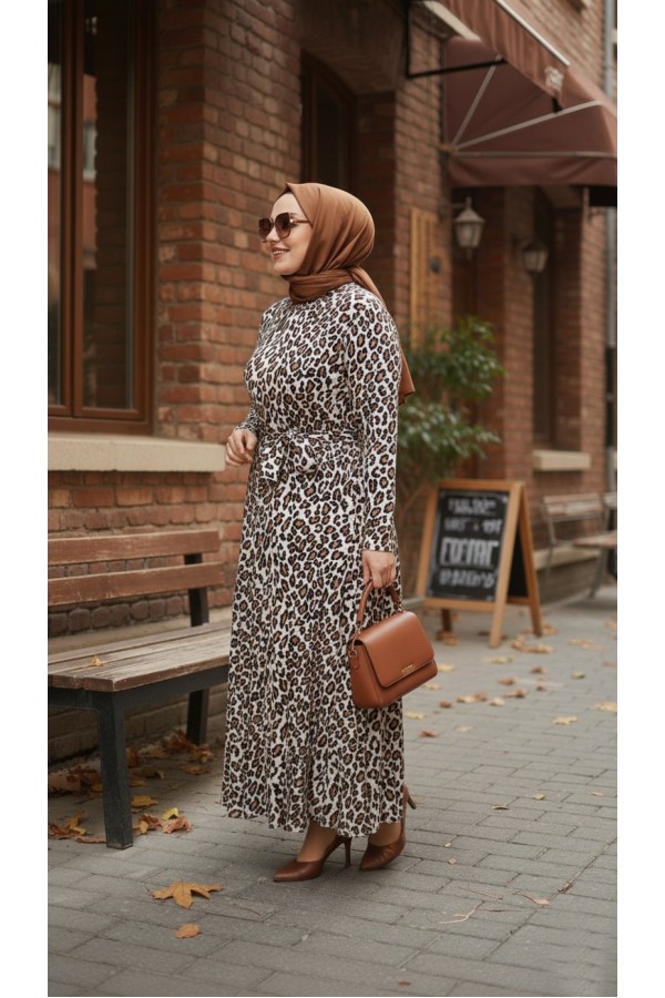 Adel Full Esnek Likralı Leopar Desenli Elbise-Leopar