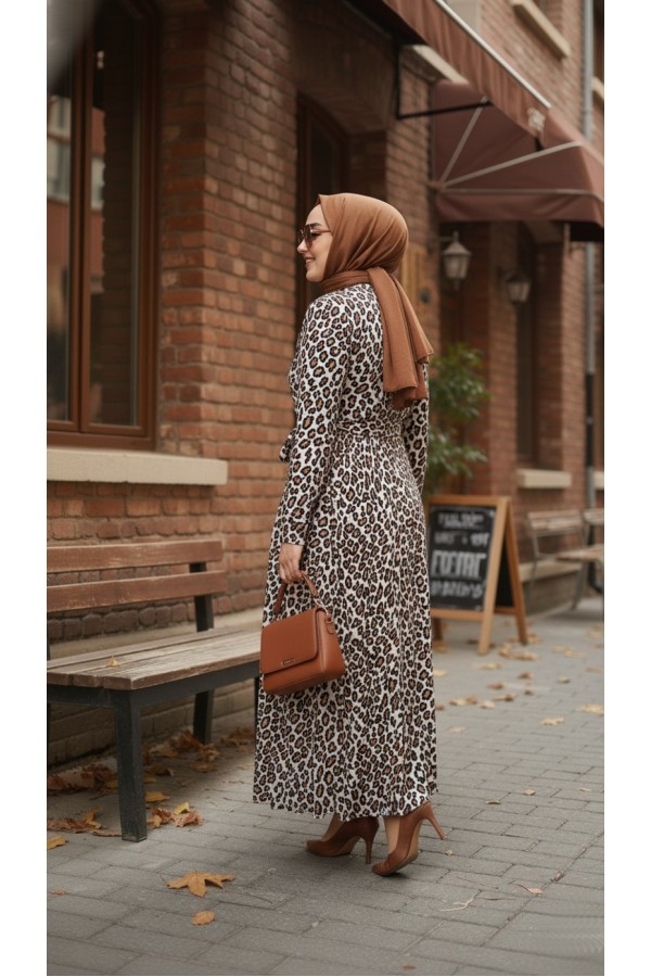 Adel Full Esnek Likralı Leopar Desenli Elbise-Leopar