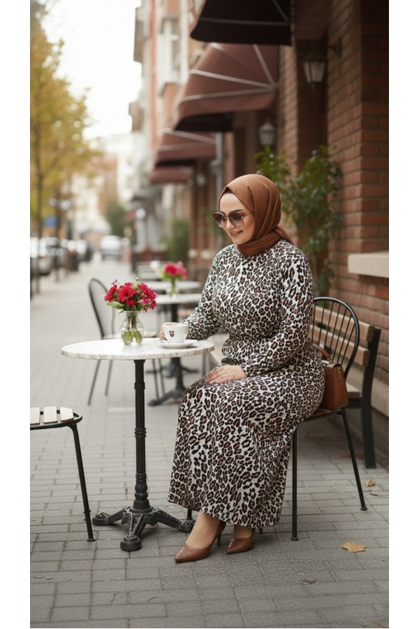 Adel Full Esnek Likralı Leopar Desenli Elbise-Leopar