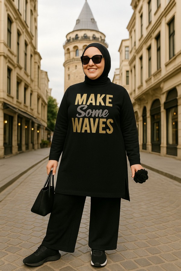 Emel Lüks Penye Taş Detaylı Baskılı Takım- Siyah