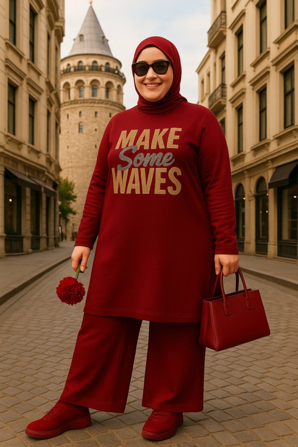 Emel Lüks Penye Taş Detaylı Baskılı Takım- Bordo Emel Lüks Penye Taş Detaylı Baskılı Takım- Bordo