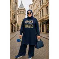 Emel Lüks Penye Taş Detaylı Baskılı Takım- Lacivert