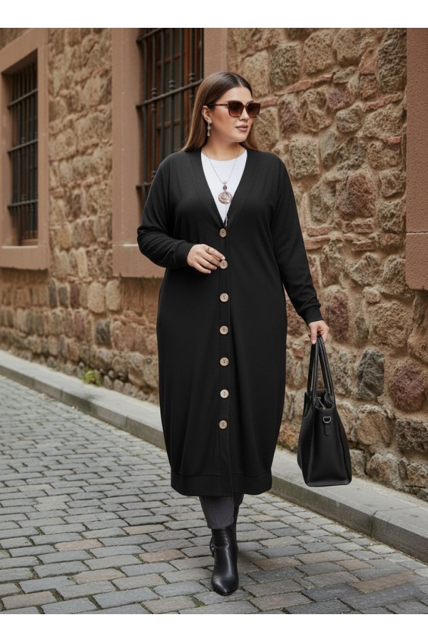 Miranda Düğmeli Full Esnek Likralı Hırka - Siyah