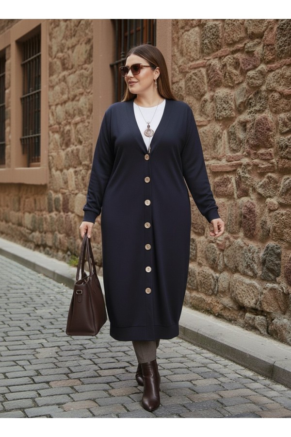 Miranda Düğmeli Full Esnek Likralı Hırka - Lacivert