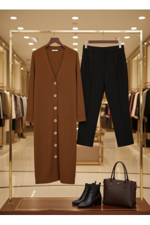 Miranda Düğmeli Full Esnek Likralı Hırka - Açık Kahve