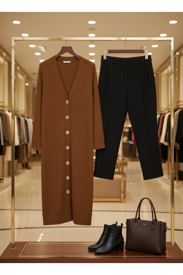 Miranda Düğmeli Full Esnek Likralı Hırka - Açık Kahve