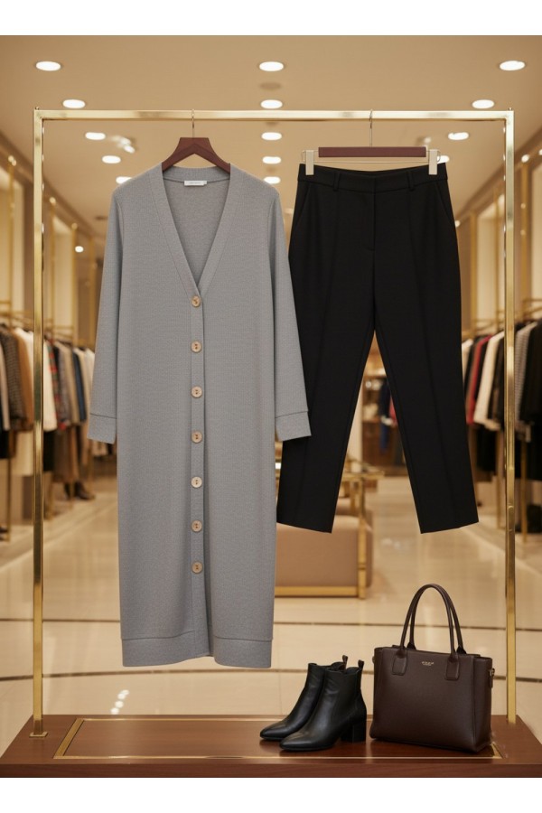 Miranda Düğmeli Full Esnek Likralı Hırka - Gri Miranda Düğmeli Full Esnek Likralı Hırka - Gri