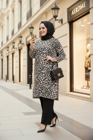 Sibel Leoparlı Full Likralı İkili Takım-KOLYE HEDİYELİ-Siyah