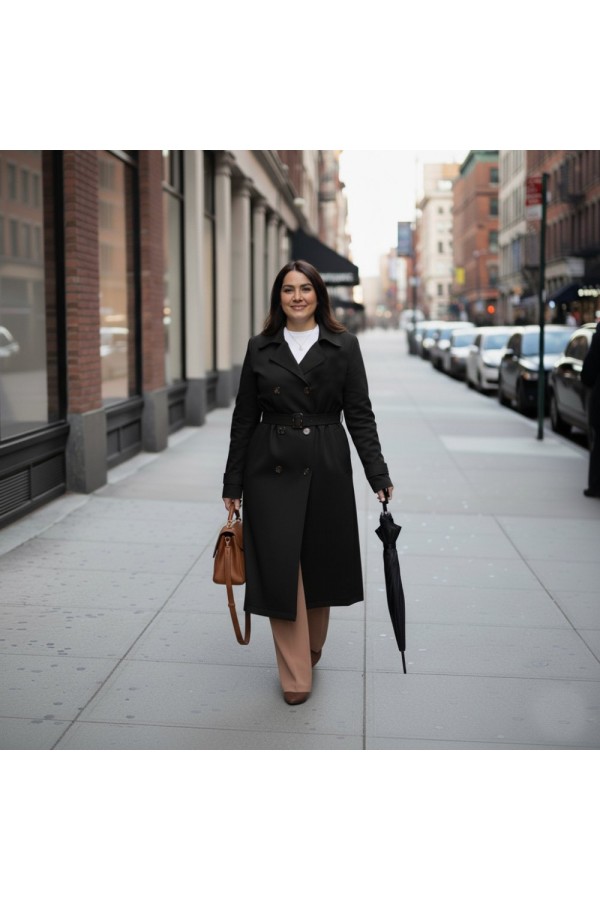 Ela Su Geçirmez Çift Düğmeli Yakalı Astarlı Trenç-Siyah