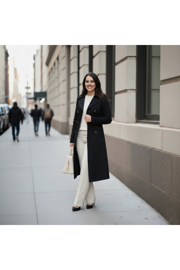 Ela Su Geçirmez Çift Düğmeli Yakalı Astarlı Trenç-Siyah