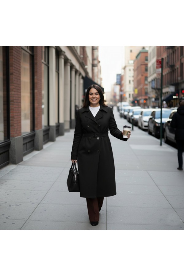 Ela Su Geçirmez Çift Düğmeli Yakalı Astarlı Trenç-Siyah