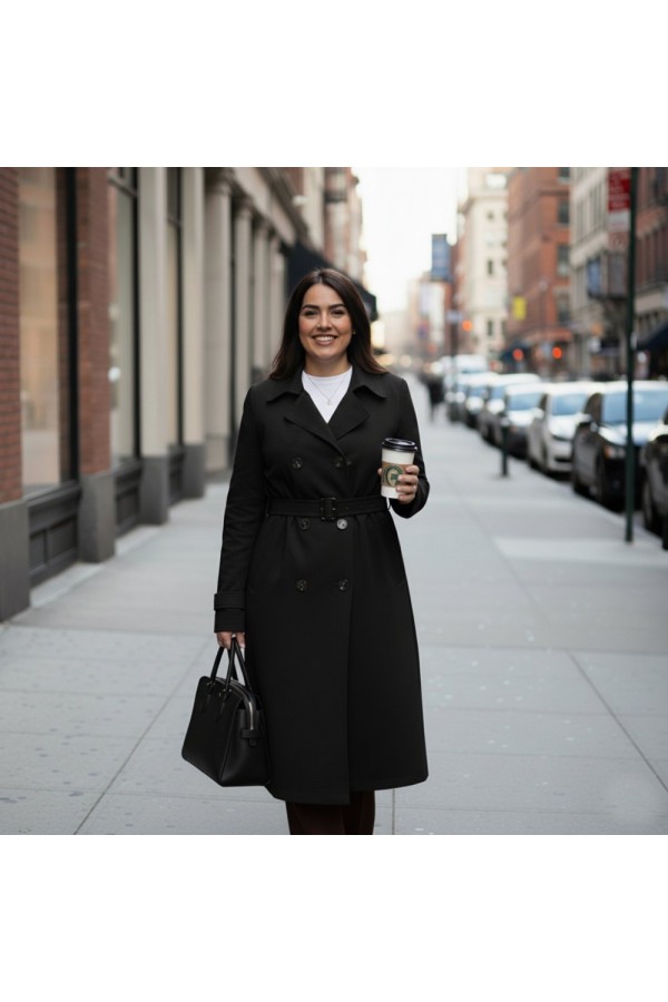 Ela Su Geçirmez Çift Düğmeli Yakalı Astarlı Trenç-Siyah