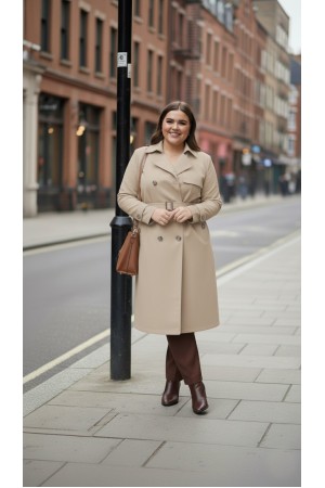 Ela Su Geçirmez Çift Düğmeli Yakalı Astarlı Trenç-Bej