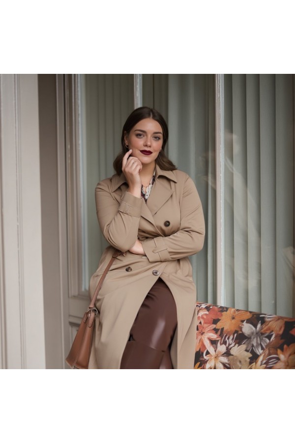 Ela Su Geçirmez Çift Düğmeli Yakalı Astarlı Trenç-Bej