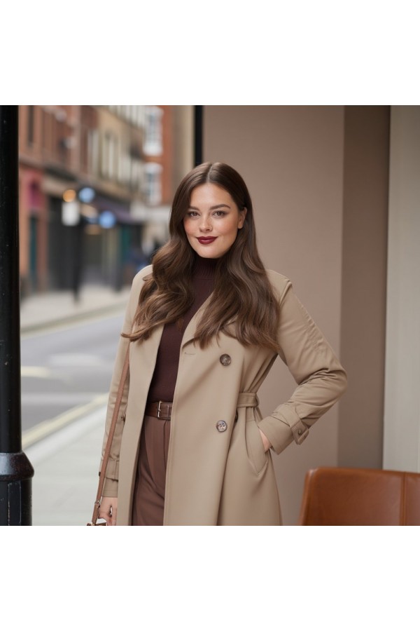 Ela Su Geçirmez Çift Düğmeli Yakalı Astarlı Trenç-Bej