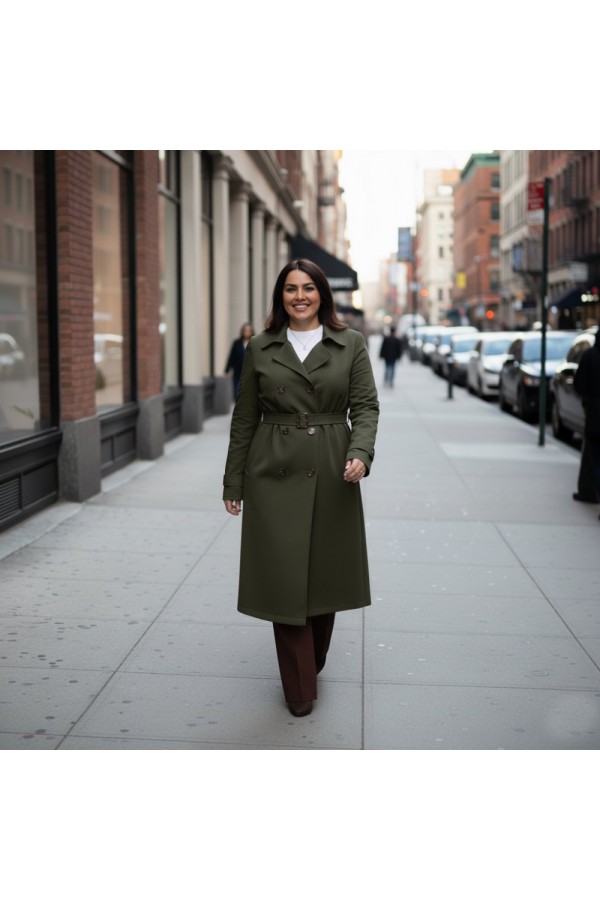 Ela Su Geçirmez Çift Düğmeli Yakalı Astarlı Trenç-Haki