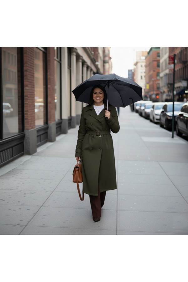 Ela Su Geçirmez Çift Düğmeli Yakalı Astarlı Trenç-Haki