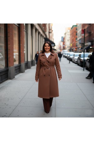 Ela Su Geçirmez Çift Düğmeli Yakalı Astarlı Trenç-Kahverengi