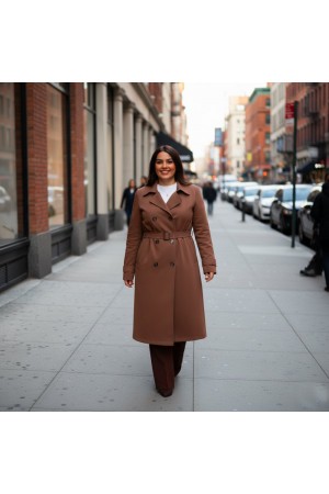 Ela Su Geçirmez Çift Düğmeli Yakalı Astarlı Trenç-Kahverengi Ela Su Geçirmez Çift Düğmeli Yakalı Astarlı Trenç-Kahverengi