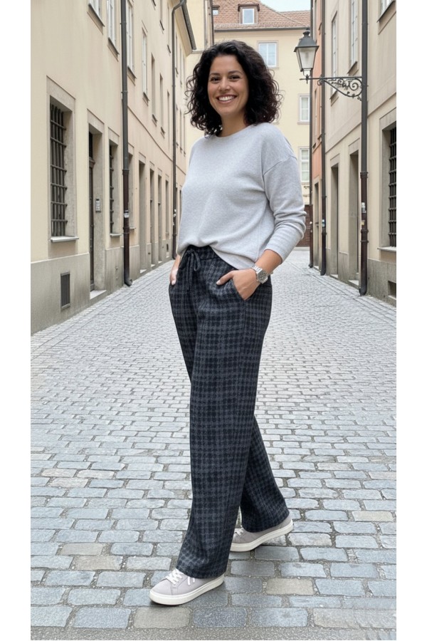 Dilan Bol Paça Beli Lastikli Yumuşak Kaşe Pantolon-Siyah Tetris