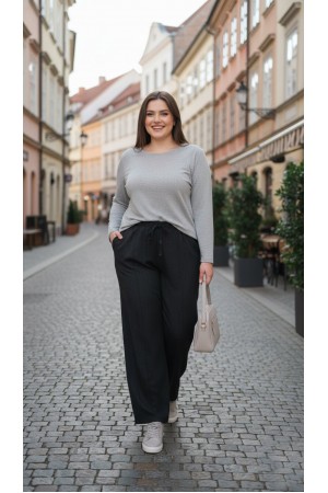 Dilan Bol Paça Beli Lastikli Yumuşak Kaşe Pantolon-Siyah Çizgi