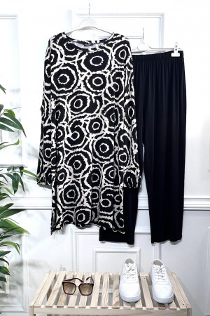 Alev Full Esnek Likralı Penye Viskon İkili Takım-Siyah Krem Halka Alev Full Esnek Likralı Penye Viskon İkili Takım-Siyah Krem Halka