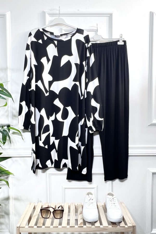 Alev Full Esnek Likralı Penye Viskon İkili Takım-Siyah Beyaz Geometri