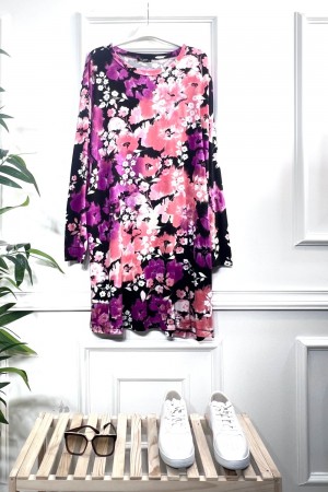 Kıvılcım Full Likralı Penye Viskon Tunik -Nar Fuşya Çiçek