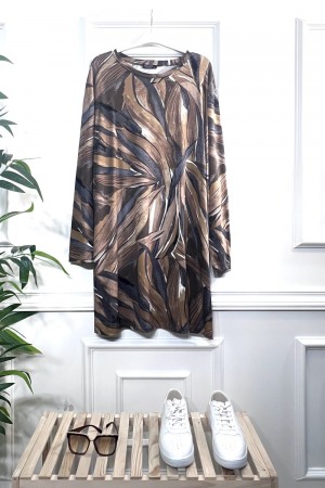 Kıvılcım Full Likralı Penye Viskon Tunik -Kahve Füme Dalga