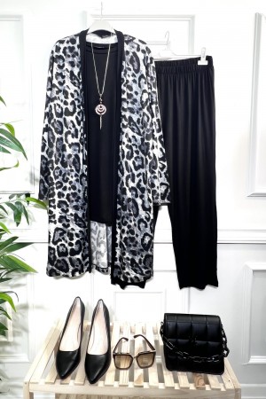 Kumru Pamuk Penye Viskon Üçlü Takım-Gri Leopar Kumru Pamuk Penye Viskon Üçlü Takım-Gri Leopar